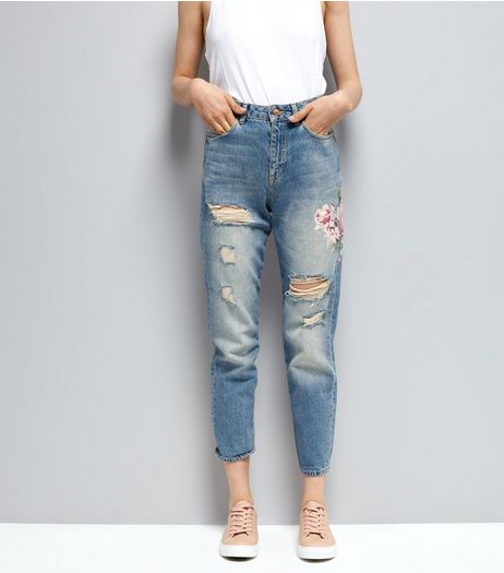 Blue Floral Print Ripped Mom Tori Jeans | New Look