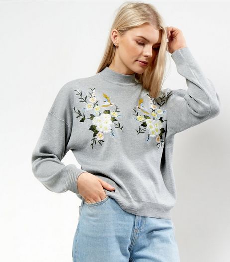 Pale Grey Funnel Neck Floral Bird Embroidered Jumper | New Look