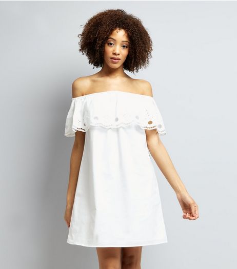 White Cut Out Trim Bardot Neck Dress | New Look
