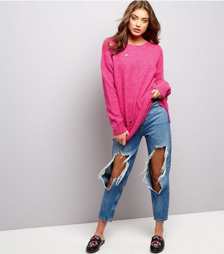 Bright Pink Ripped Jumper | New Look
