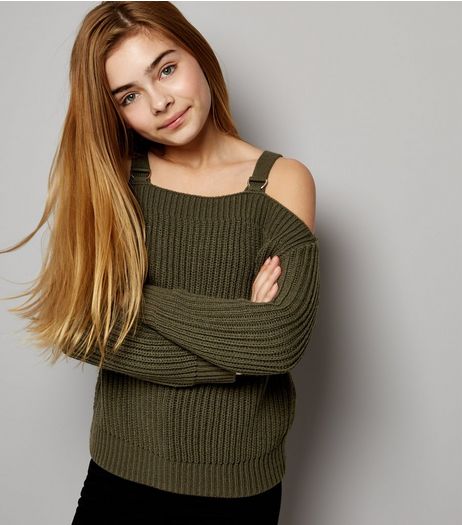 Teens Khaki Bardot Neck D Ring Cold Shoulder Jumper | New Look