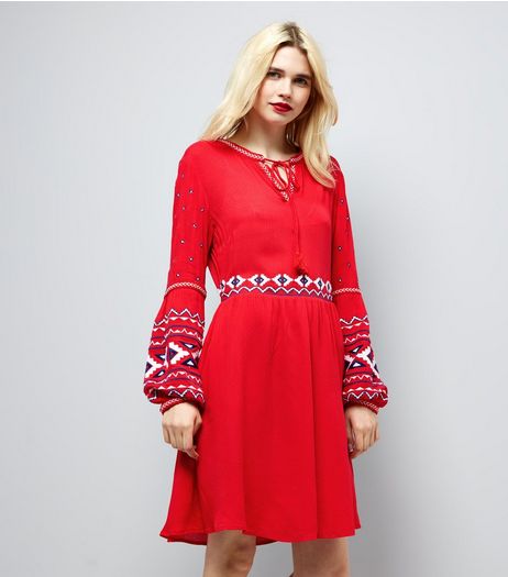 Red Embroidered Trim Smock Dress | New Look