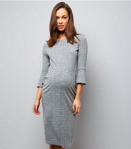 Maternity Grey Bell Sleeve Ribbed Fine Knit Midi Dress | New Look