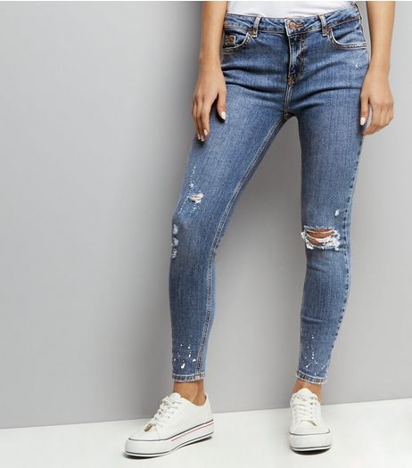 Blue Ripped Paint Splash Hem Jenna Skinny Jeans | New Look