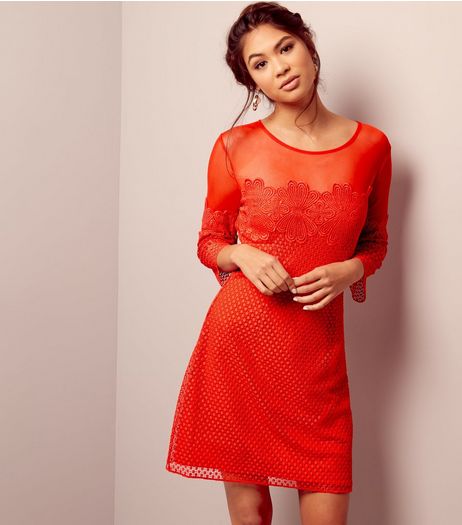 Red Mesh Panel Long 3/4 Sleeve Dress | New Look