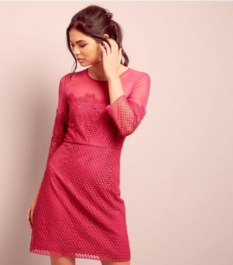 Bright Pink Lace Mesh Panel 3/4 Sleeve Dress | New Look