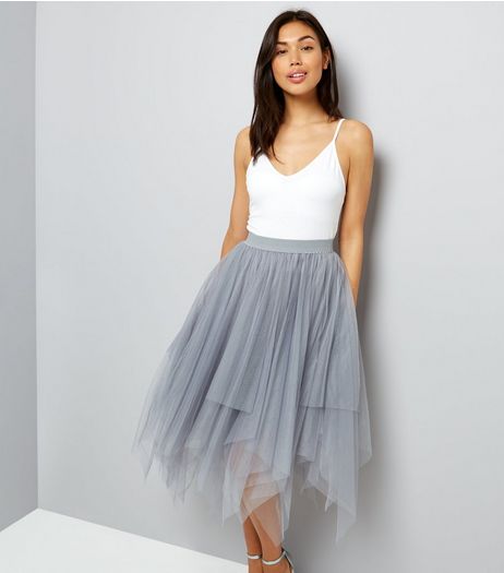 Grey Tulle Hanky Hem Midi Skirt | New Look