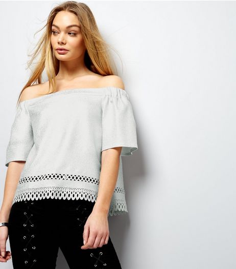 Silver Foil Crepe Cut Out Bardot Neck Top | New Look