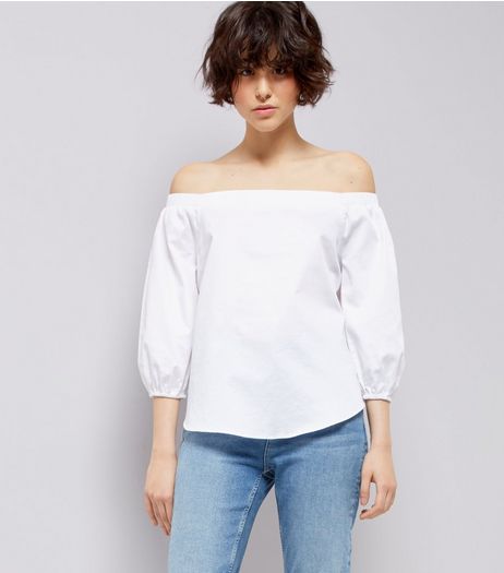 White Bardot Neck 3/4 Sleeve Top | New Look