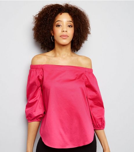 Bright Pink 3/4 Sleeve Bardot Neck Top | New Look