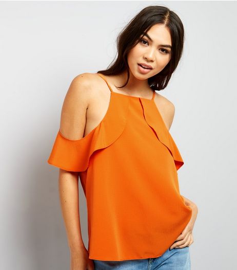 Bright Orange Frill Trim Cold Shoulder Top | New Look