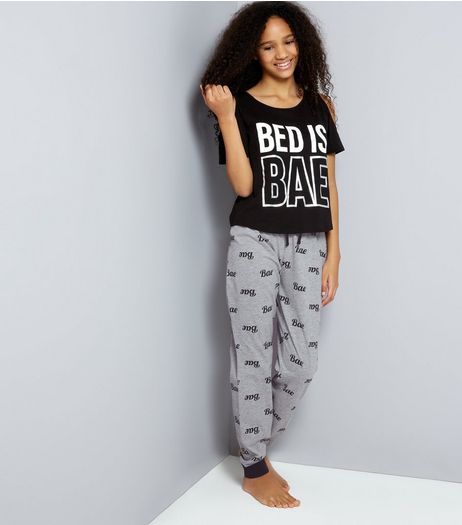 Teens Black Bed Is Bae Cold Shoulder Pyjama Set | New Look