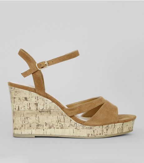 Wide Fit Tan Suedette Cork Wedge Heels | New Look