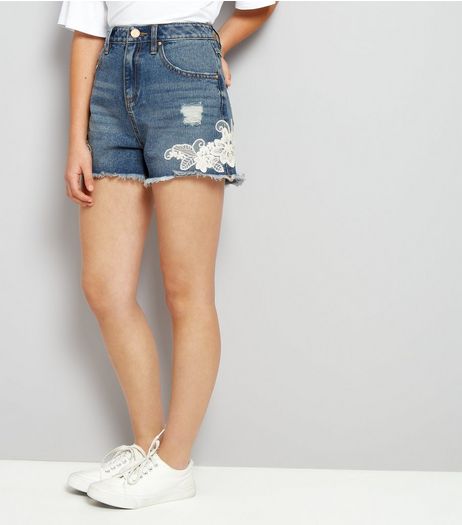Teens Blue Lace Trim Denim Shorts | New Look
