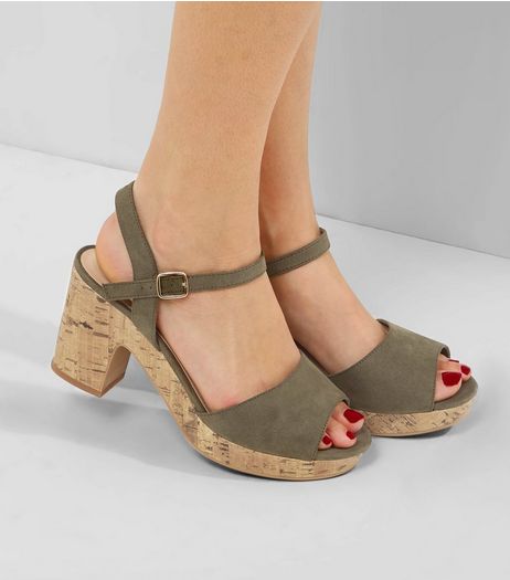 Wide Fit Khaki Suedette Ankle Strap Platform Heels | New Look