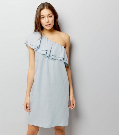 Pale Blue One Shoulder Frill Trim Dress | New Look