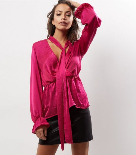 Influence Deep Pink Sateen Tie Neck Top | New Look