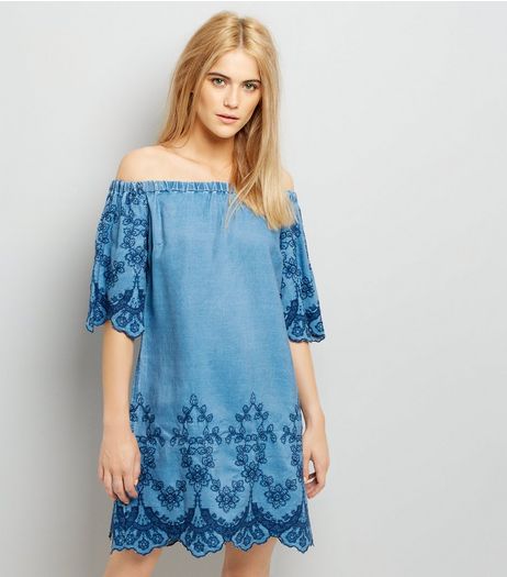 Blue Bardot Floral Embroidered Denim Dress | New Look