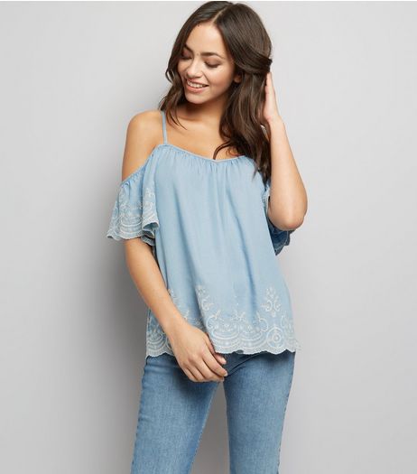 Blue Lace Trim Cold Shoulder Top | New Look