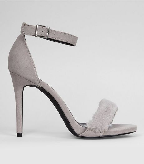 Wide Fit Grey Faux Fur Strap Heels | New Look