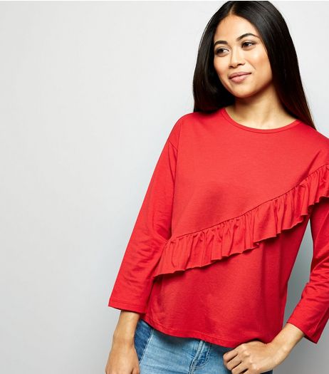 Petite Red Diagonal Frill Trim 3/4 Sleeve T-Shirt | New Look