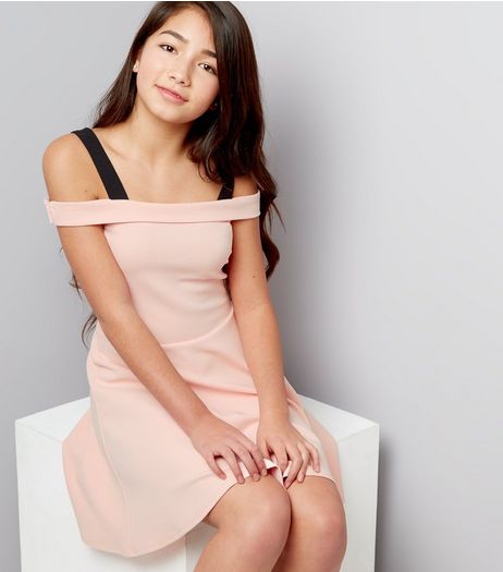 Teens Pink D Ring Cold Shoulder Scuba Skater Dress | New Look