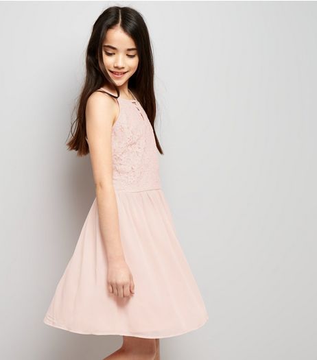 Teens Pink Lace Lattice Front Skater Dress | New Look