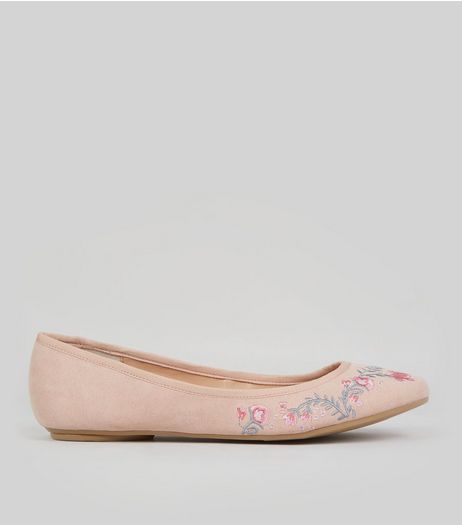 Wide Fit Nude Suedette Floral Embroidered Pumps | New Look