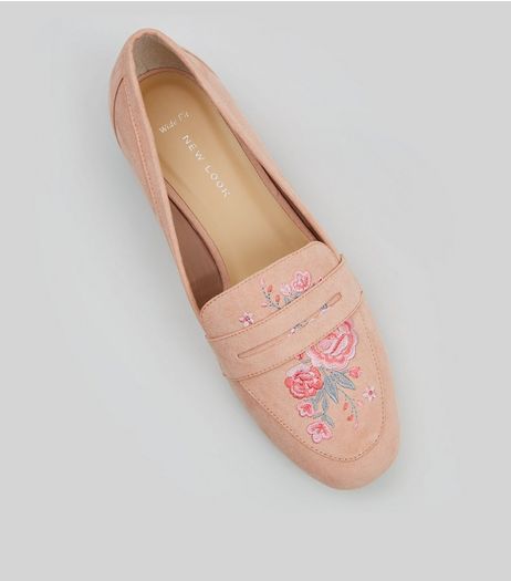 Wide Fit Pink Suedette Embroidered Loafers | New Look