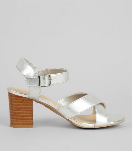 Teens Silver Cross Strap Contrast Block Heels | New Look