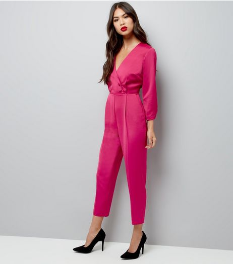 Petite Bright Pink Satin Tuxedo Jumpsuit | New Look