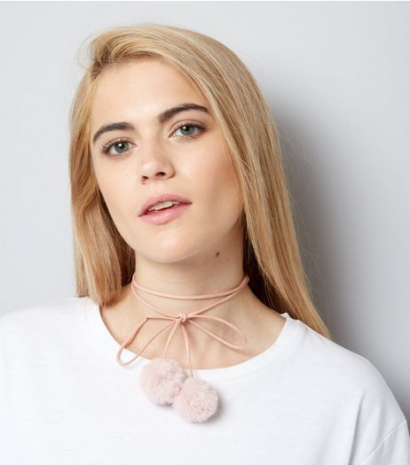 Pink Suedette Pom Pom Choker | New Look