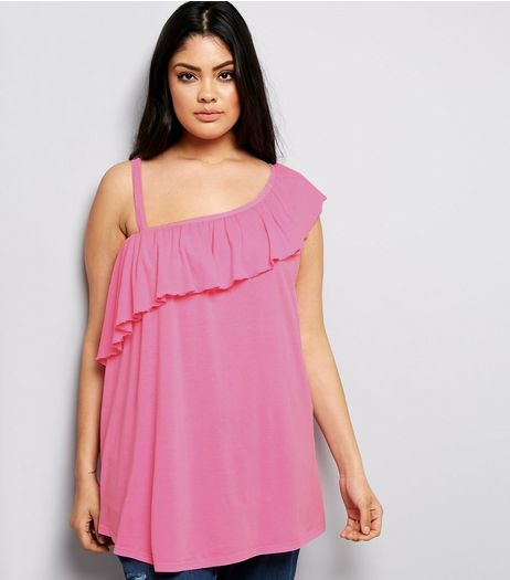Curves Pink Asymmetric Frill Off The Shoulder Top | New Look