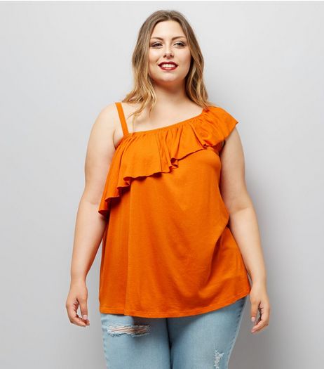 Curves Orange Asymmetric Frill Off The Shoulder Top | New Look
