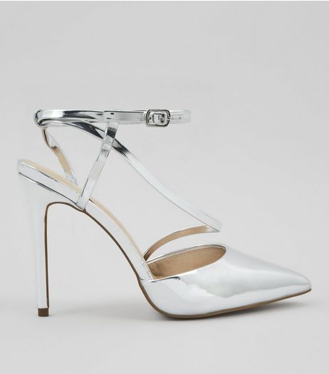 Silver Asymmetric Strap Top Pointed Heels | New Look