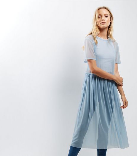Blue Mesh Frill Trim Smock Dress | New Look