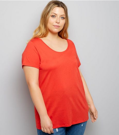 Curves Red Scoop Neck T-Shirt | New Look