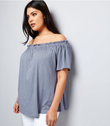 Curves Grey Shirred Bardot Neck Top | New Look