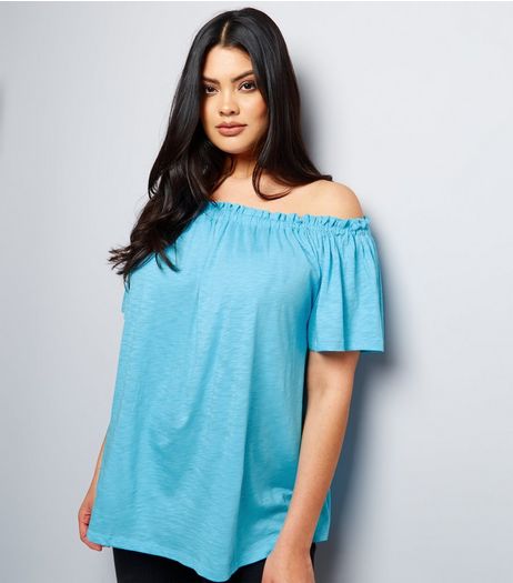 Curves Turquoise Shirred Bardot Neck Top | New Look