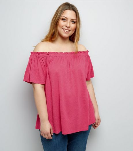 Curves Bright Pink Shirred Bardot Neck Top | New Look