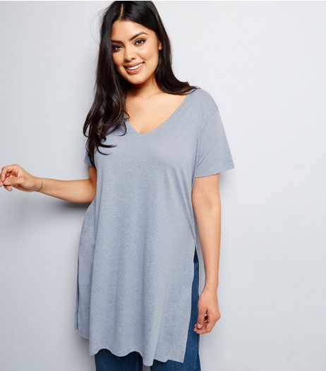 Curves Grey Split Side Longline T-Shirt | New Look