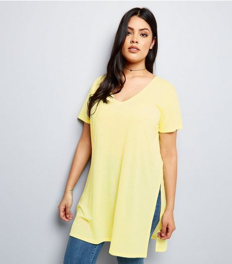 Curves Yellow Split Side Longline T-Shirt | New Look