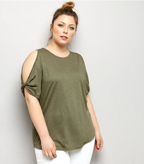 Curves Khaki Twist Sleeve Cold Shoulder T-Shirt | New Look