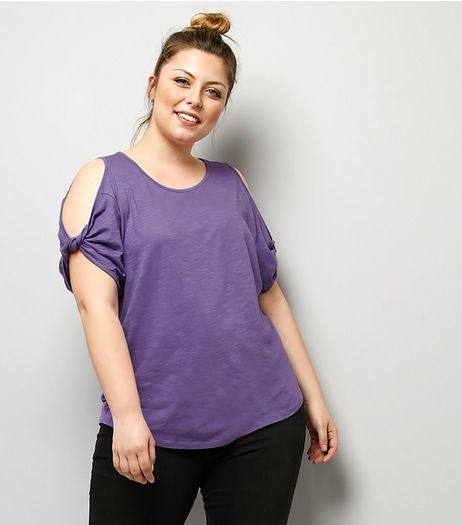 Curves Purple Twist Sleeve Cold Shoulder T-Shirt | New Look