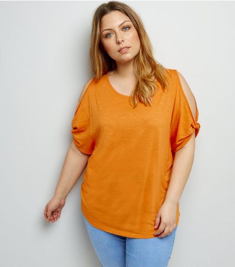 Curves Orange Twist Sleeve Cold Shoulder T-Shirt | New Look