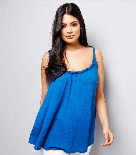 Curves Blue Frill Trim Gathered Cami | New Look