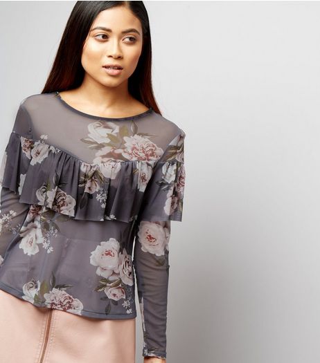 Petite Grey Floral Mesh Frill Trim Top | New Look