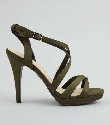 Khaki Comfort Satin Cross Strap Heels | New Look
