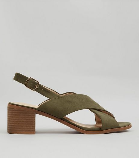 Khaki Suedette Cross Strap Block Heels | New Look