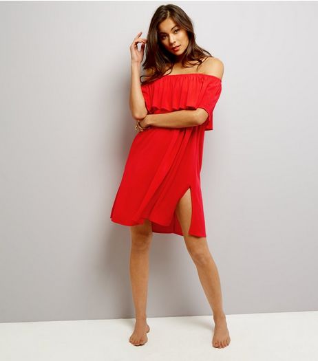 Red Frill Trim Bardot Neck Beach Dress | New Look